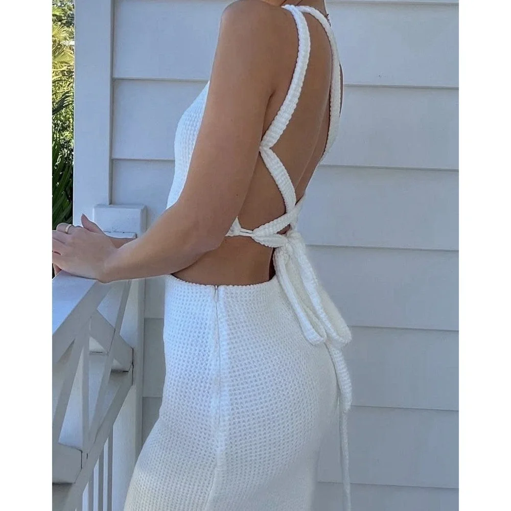 Sabo Strappy Backless Carolina Dress Small White NWT  Minimalist Resort Stretch